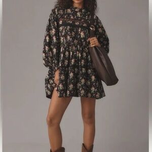 Pilcro anthropologie Floral Black baby doll mock neck swing Dress medium
